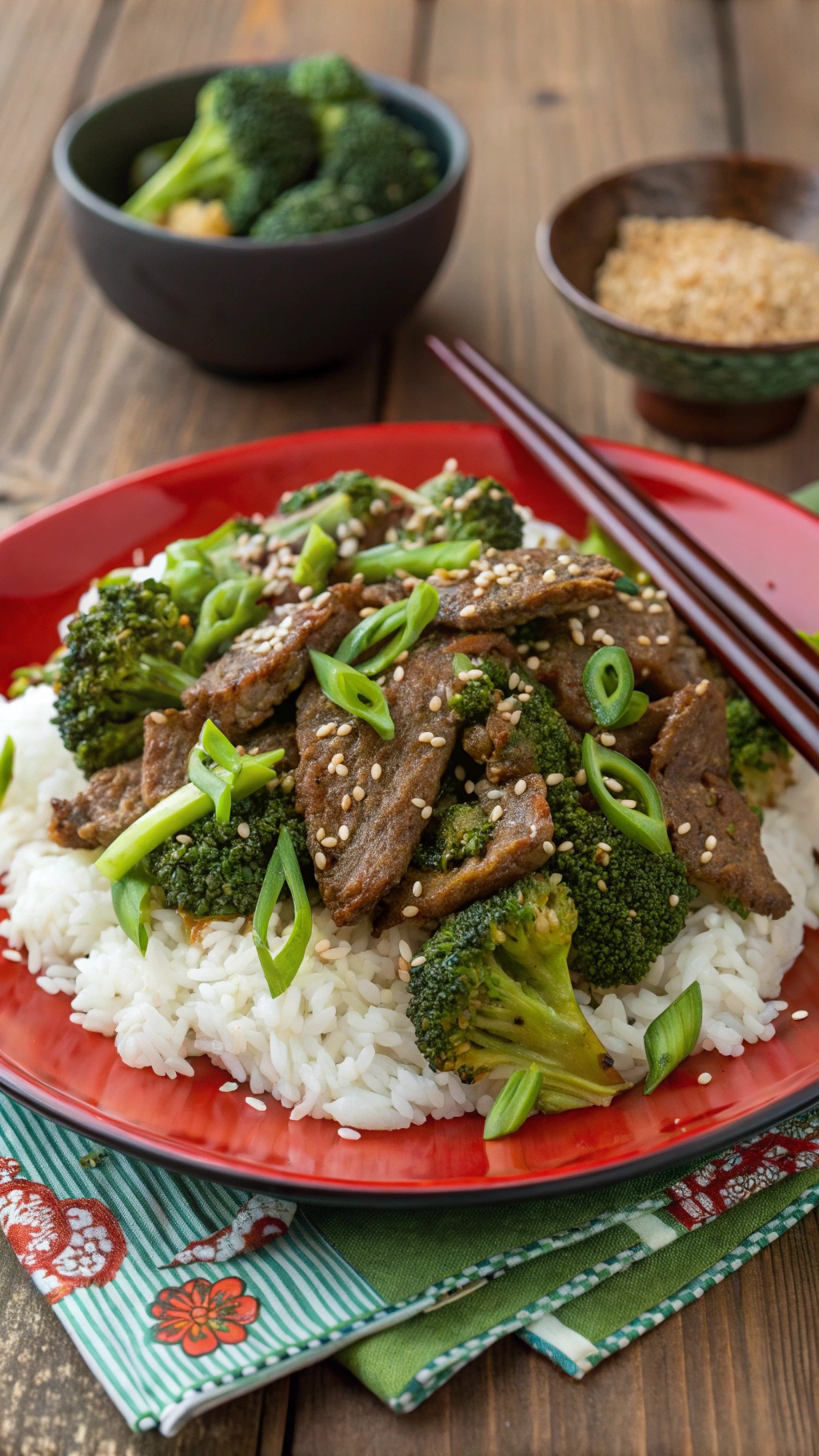 A plate of beef and broccoli stir-fry served over jasmine rice, garnished with sesame seeds and green onions.