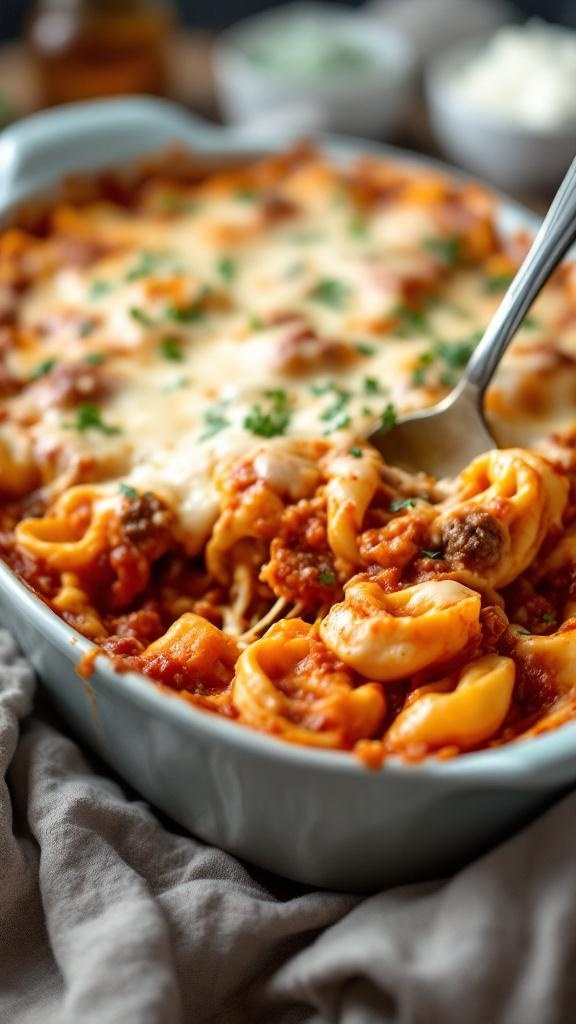 A hearty beef and cheese tortellini bake in a casserole dish, topped with melted cheese and garnished with parsley.