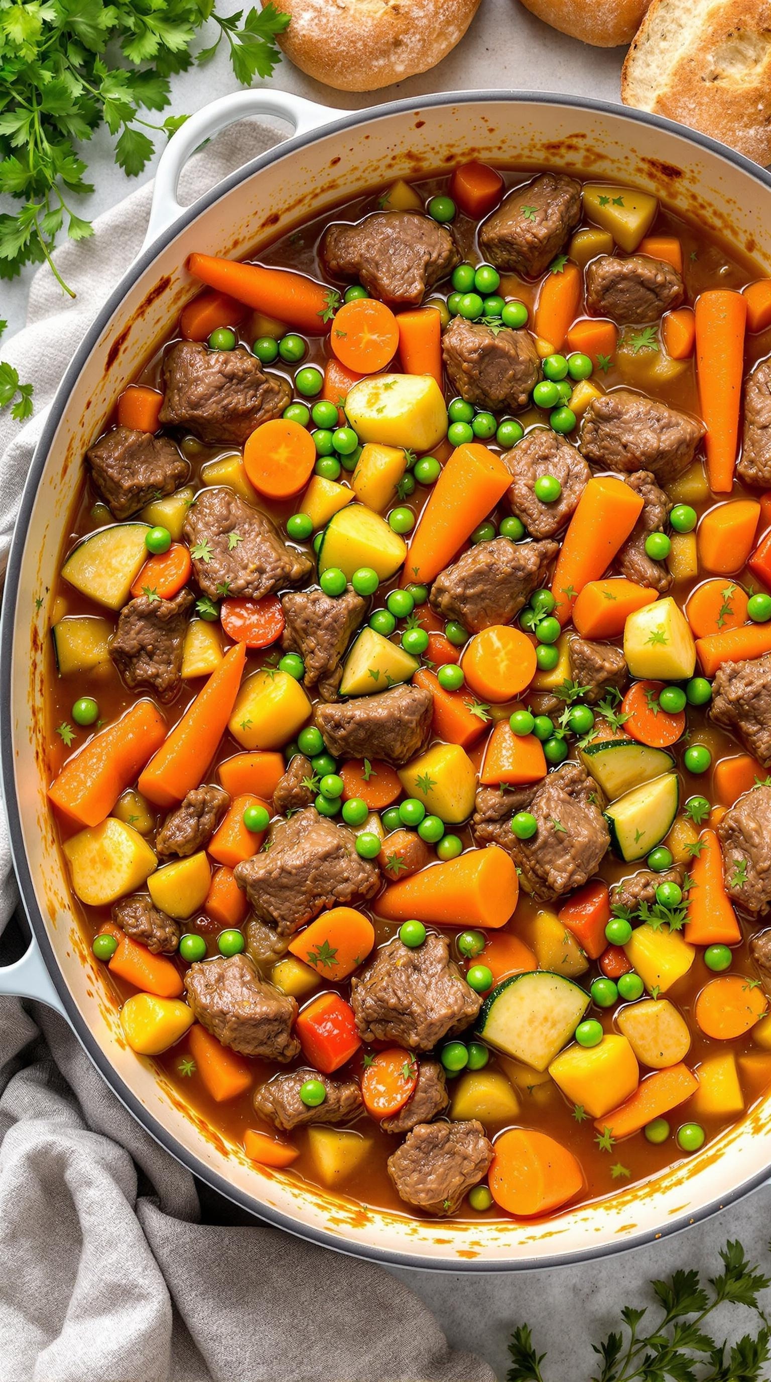 A hearty beef and vegetable bake in a large pot, featuring colorful carrots, peas, and potatoes.
