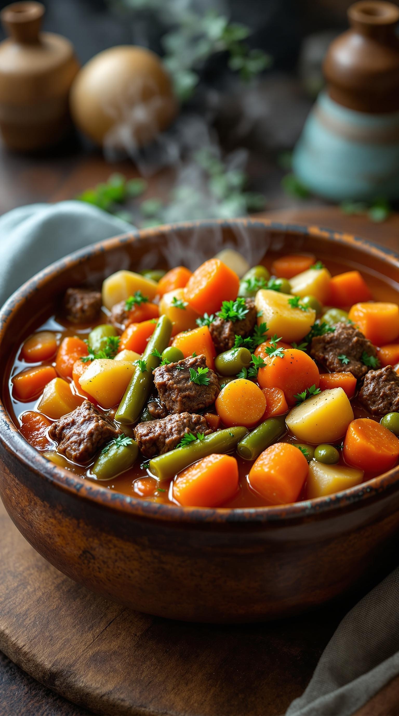 A bowl of hearty beef and vegetable stew, filled with colorful carrots, potatoes, and green beans.