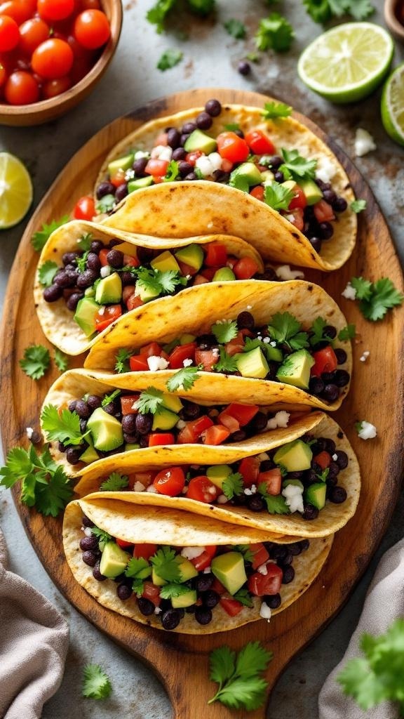 A wooden platter with hearty black bean tacos filled with black beans, tomatoes, avocado, and cilantro, garnished with lime wedges.