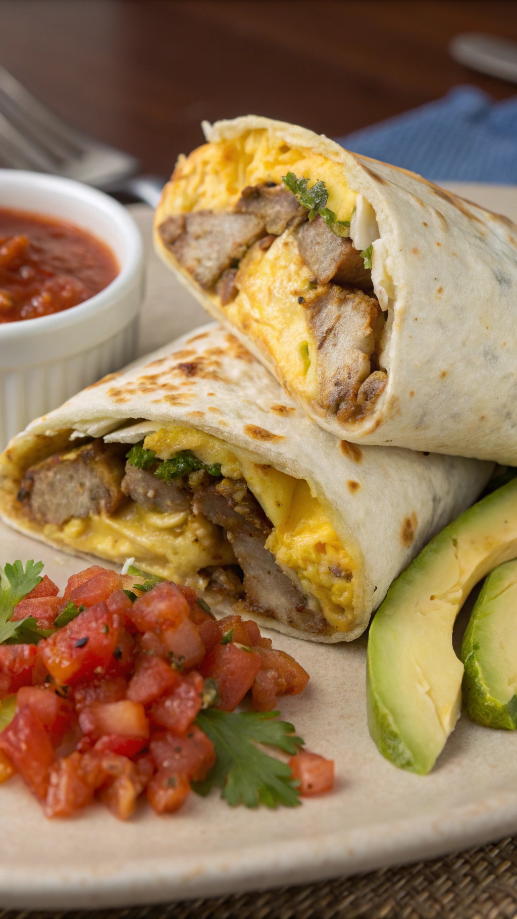 A close-up of hearty breakfast burritos filled with eggs and meat, served with salsa and avocado.
