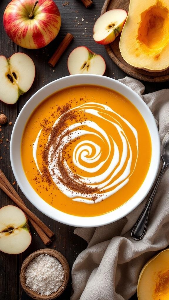 A bowl of butternut squash and apple soup garnished with cream and cinnamon, surrounded by fresh apples and cinnamon sticks.