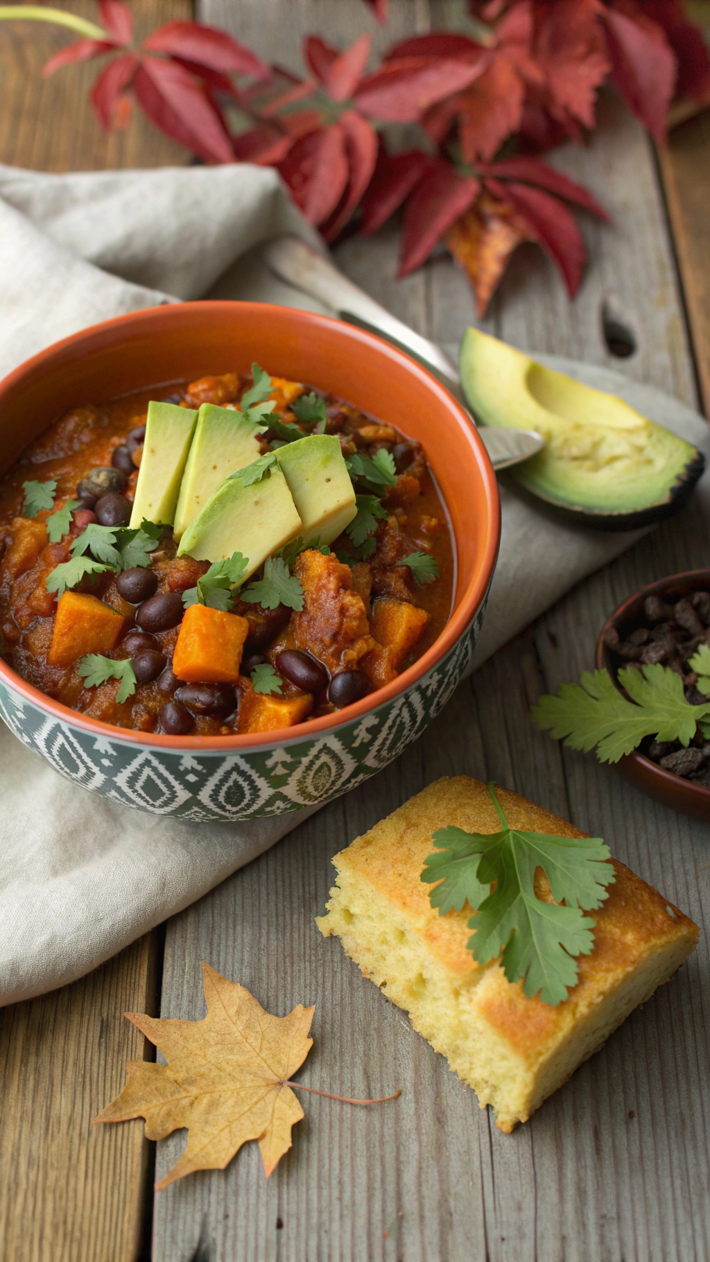 A bowl of hearty butternut squash and black bean chili topped with avocado and cilantro, alongside a piece of cornbread and autumn leaves.