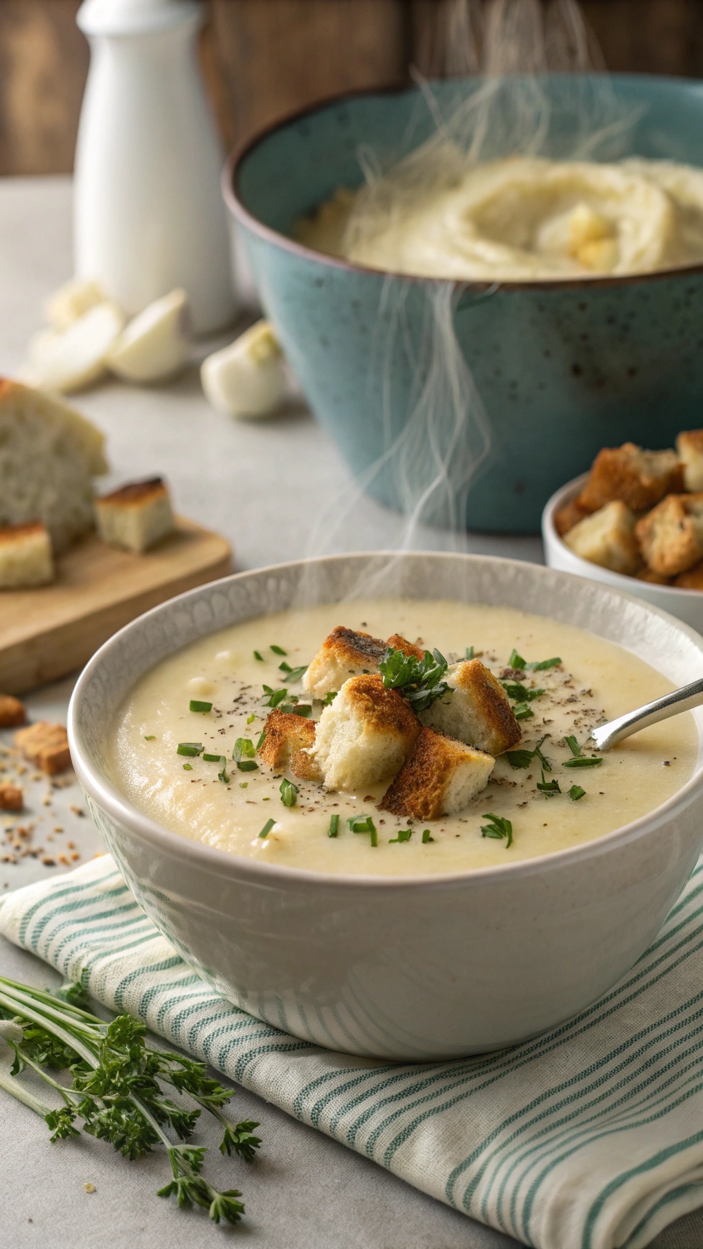 A bowl of creamy cauliflower and cheese soup topped with croutons and herbs, with a steaming background.