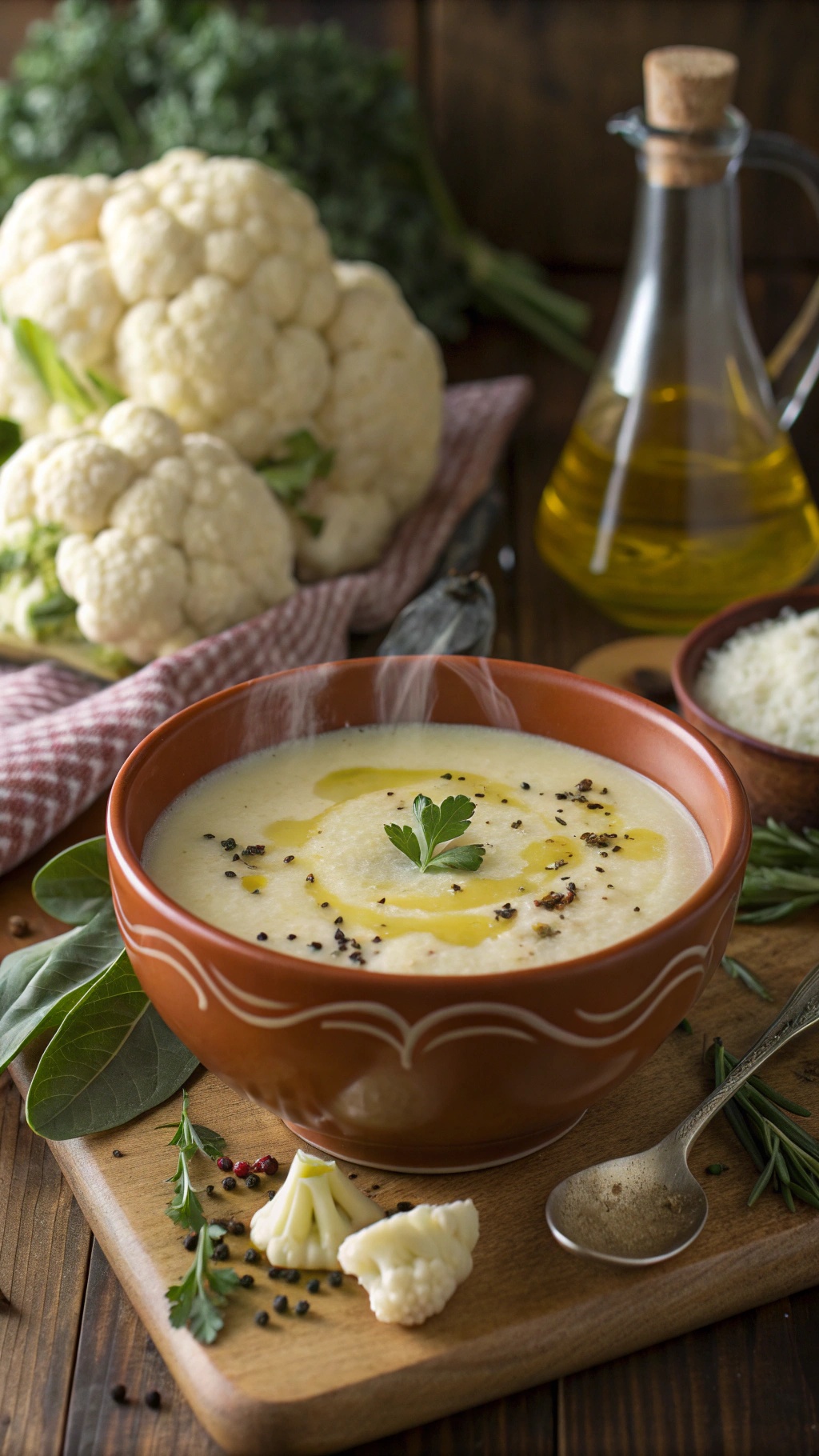 A bowl of creamy cauliflower and cheese soup garnished with olive oil and black pepper, with fresh cauliflower in the background.