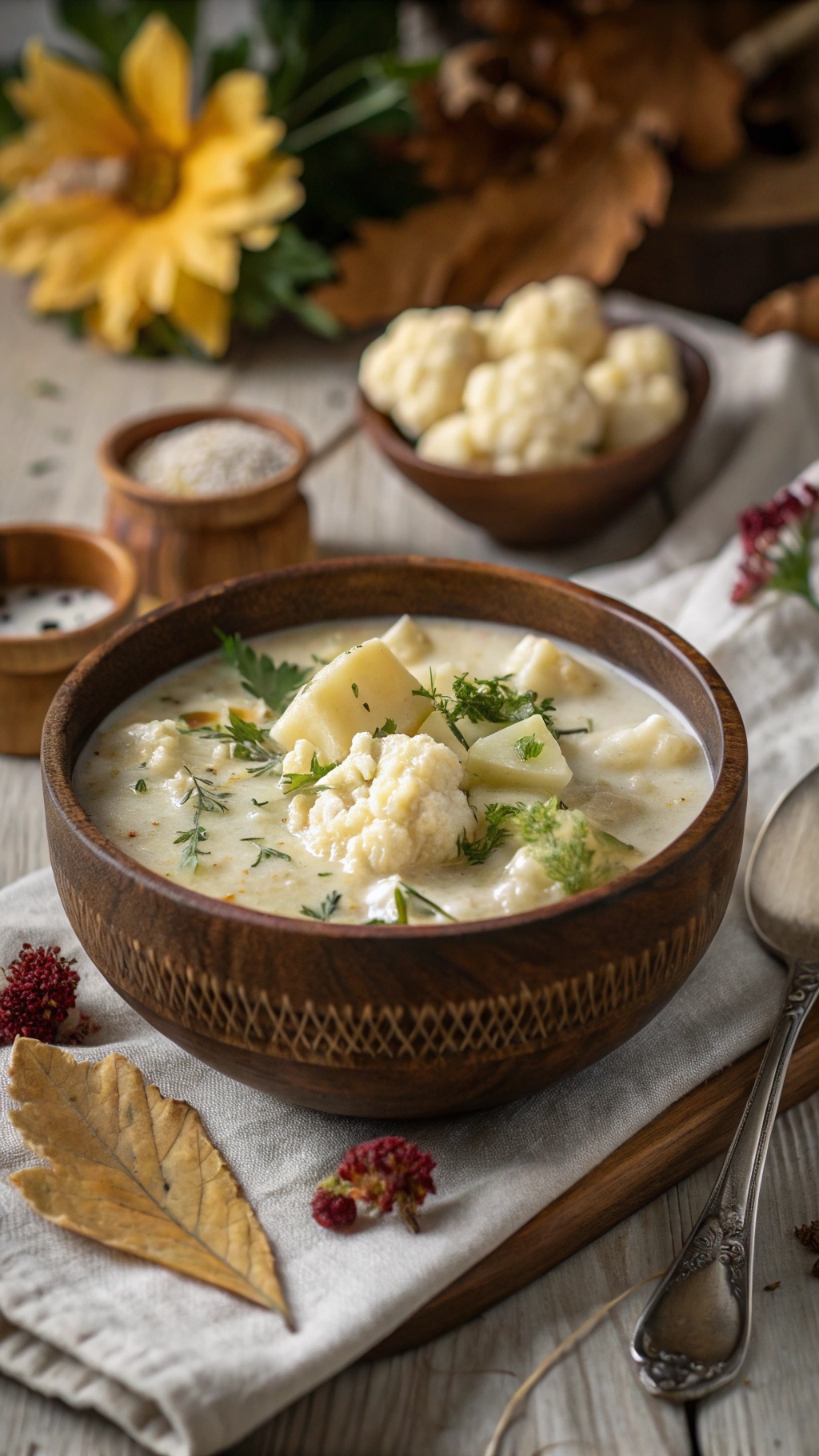 A bowl of hearty cauliflower chowder garnished with herbs, surrounded by fresh cauliflower and autumn leaves.