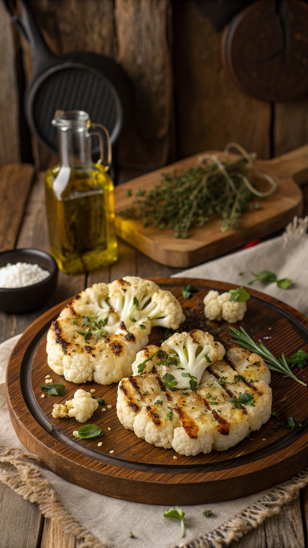 Grilled cauliflower steaks garnished with herbs on a wooden plate