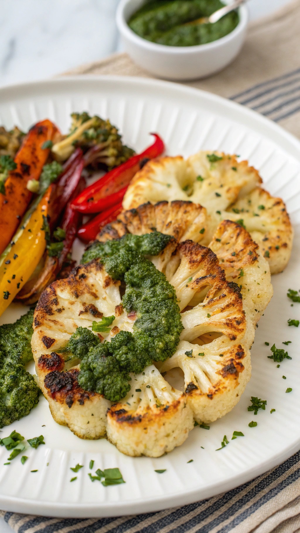 Grilled cauliflower steaks topped with herb sauce and served with colorful roasted vegetables.