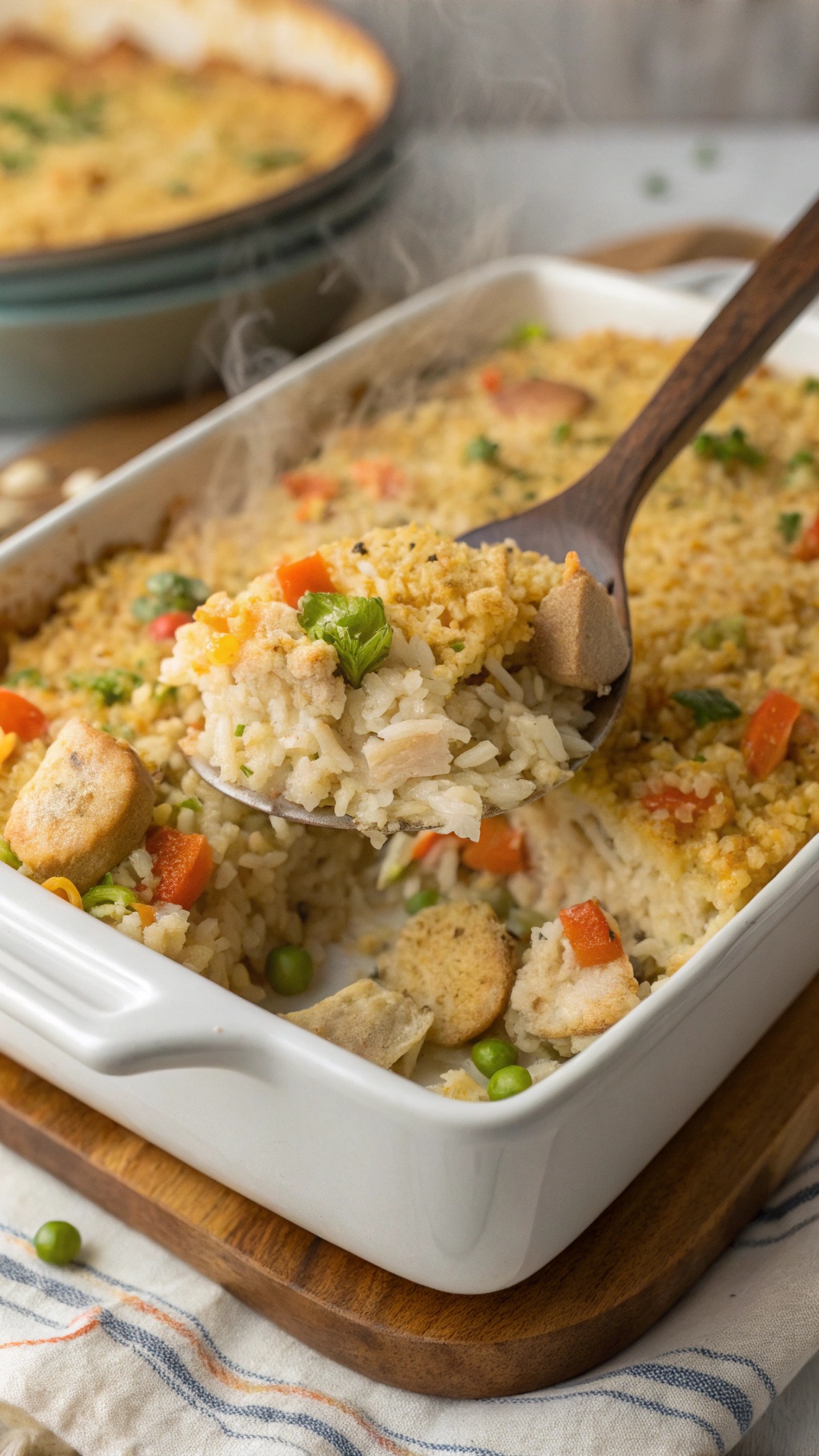 A steaming chicken and rice casserole being served from a white dish, showcasing colorful vegetables and a golden top.