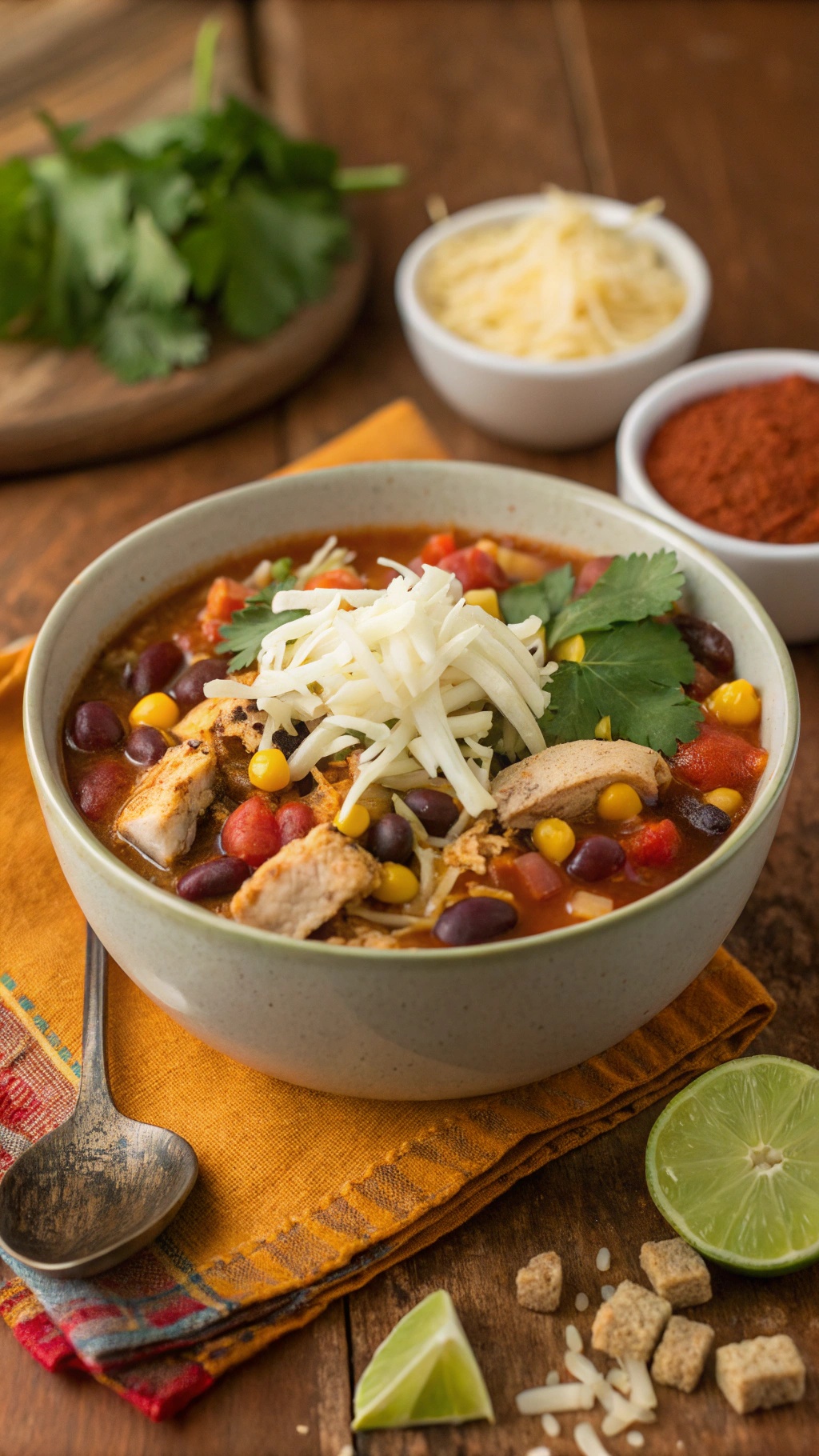 A bowl of hearty chicken chili topped with shredded cheese and cilantro, served with lime wedges.
