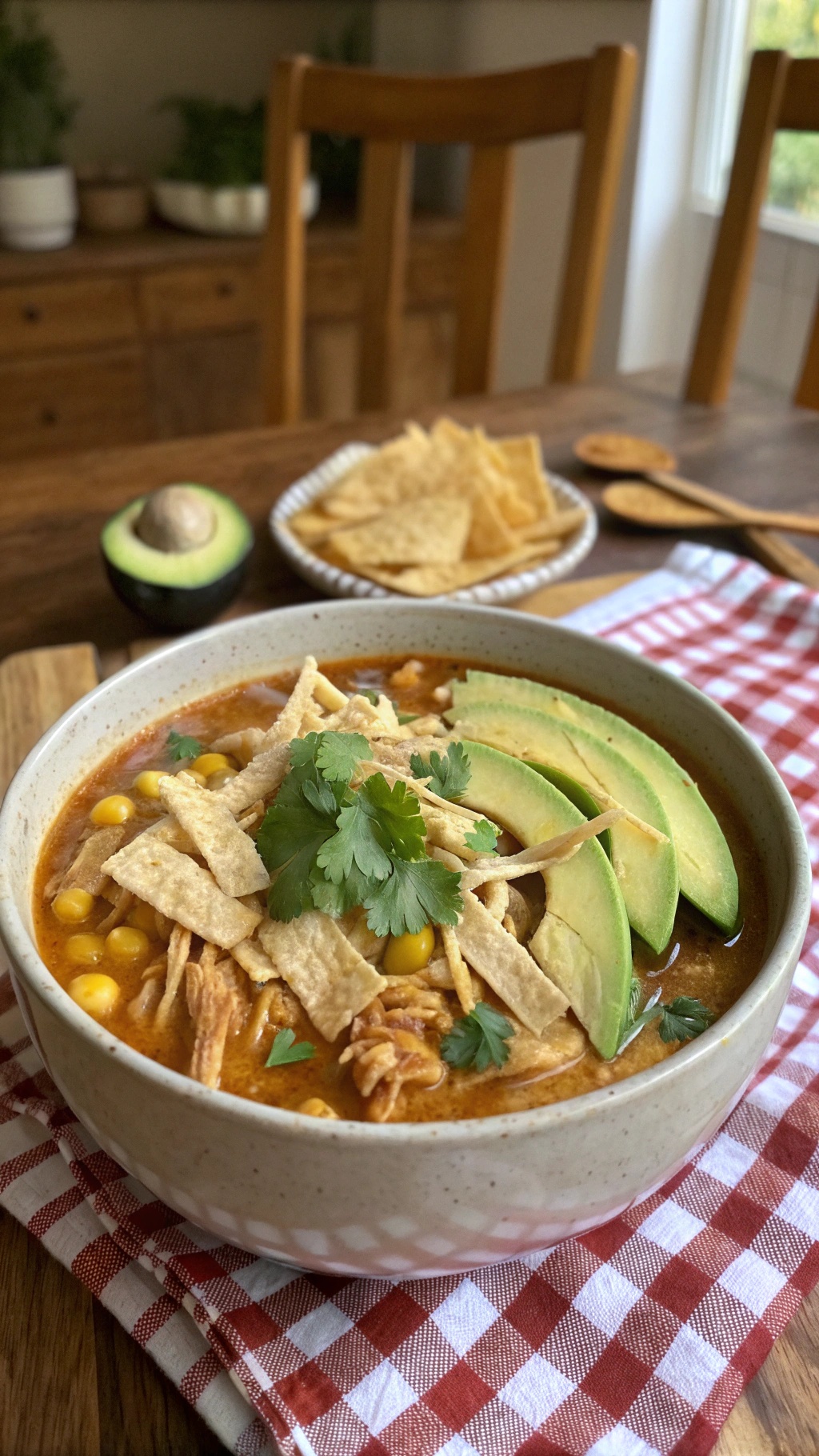 A bowl of hearty chicken tortilla soup topped with avocado slices, tortilla strips, and cilantro.