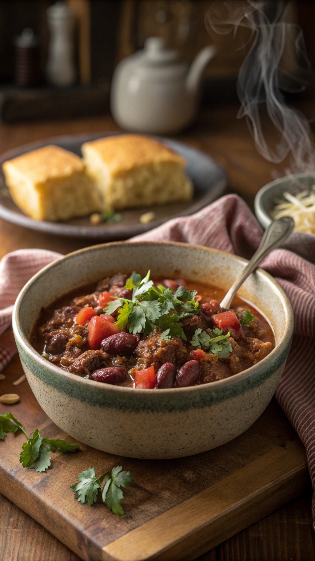 A bowl of hearty chili topped with cilantro and tomatoes, alongside cornbread on a wooden table.
