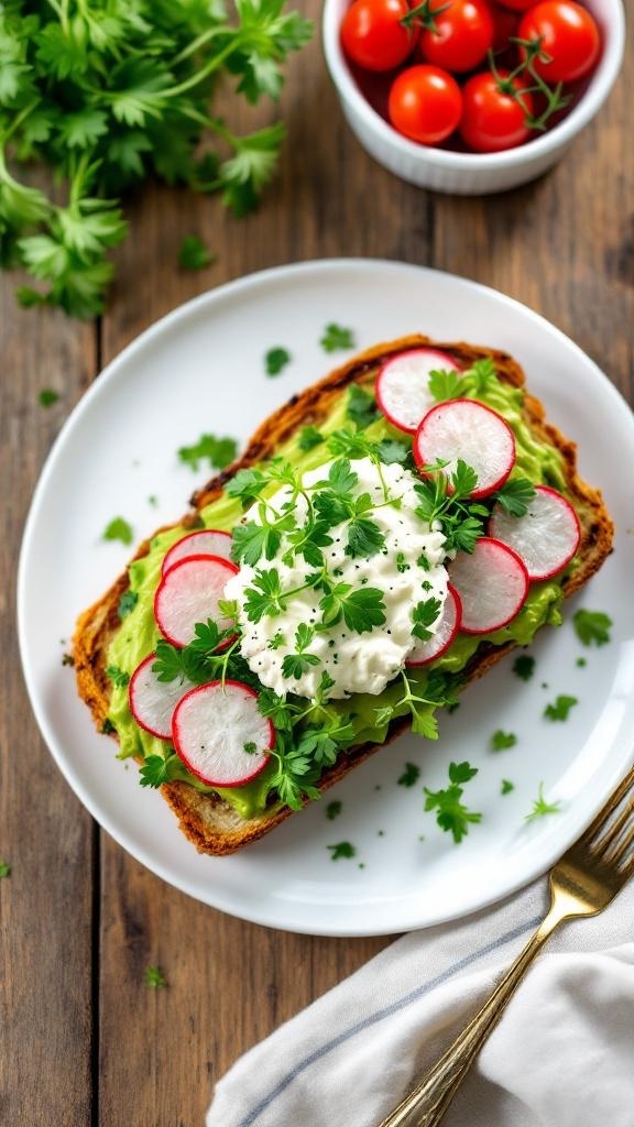 A plate of hearty cottage cheese and avocado toast topped with radish slices and fresh herbs, served with cherry tomatoes.