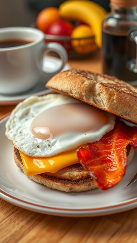A delicious breakfast sandwich with a fried egg, cheese, and bacon on a toasted English muffin, served with a cup of coffee.