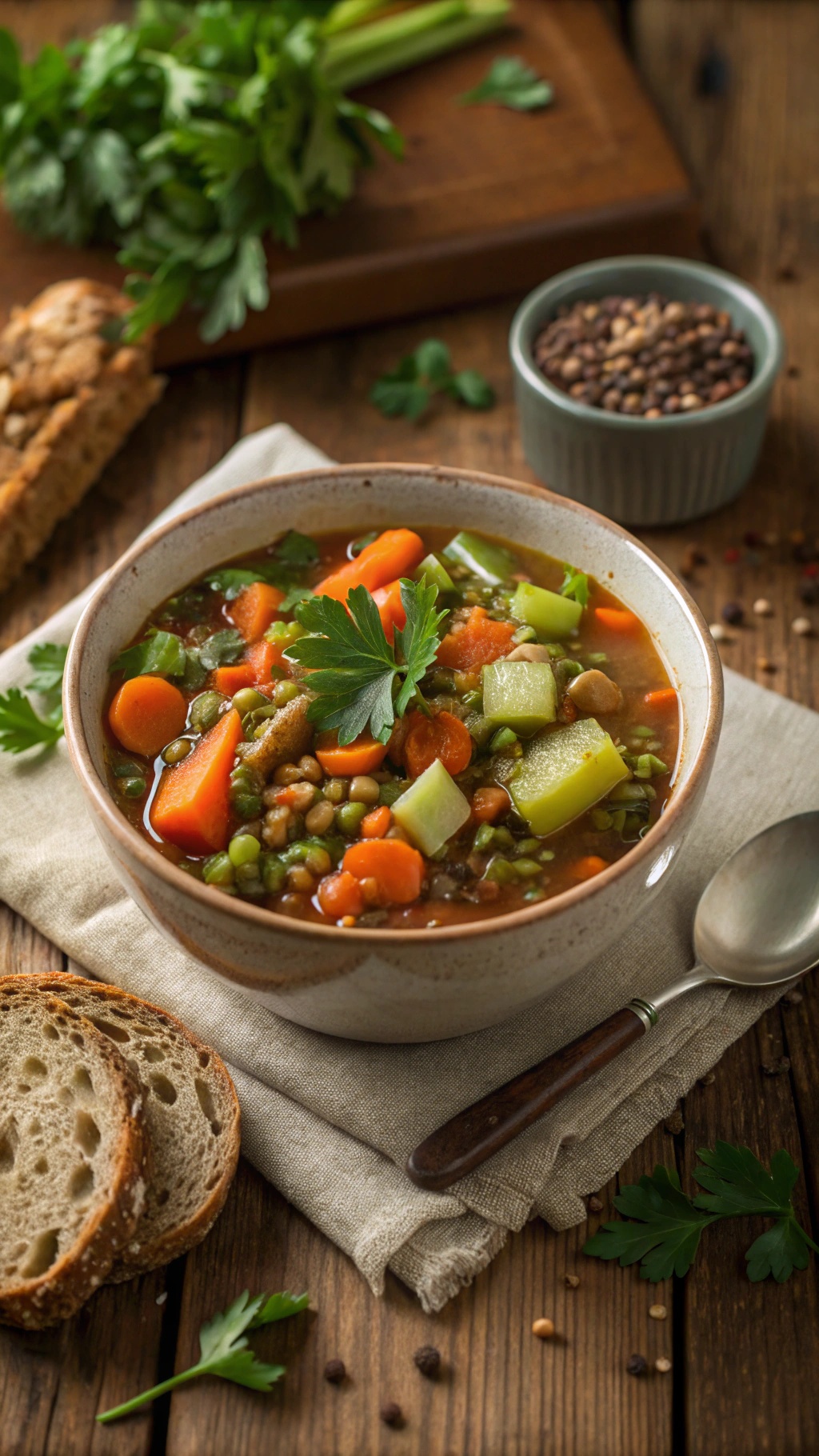 A bowl of hearty lentil and vegetable stew with carrots, celery, and peas, served with slices of bread.