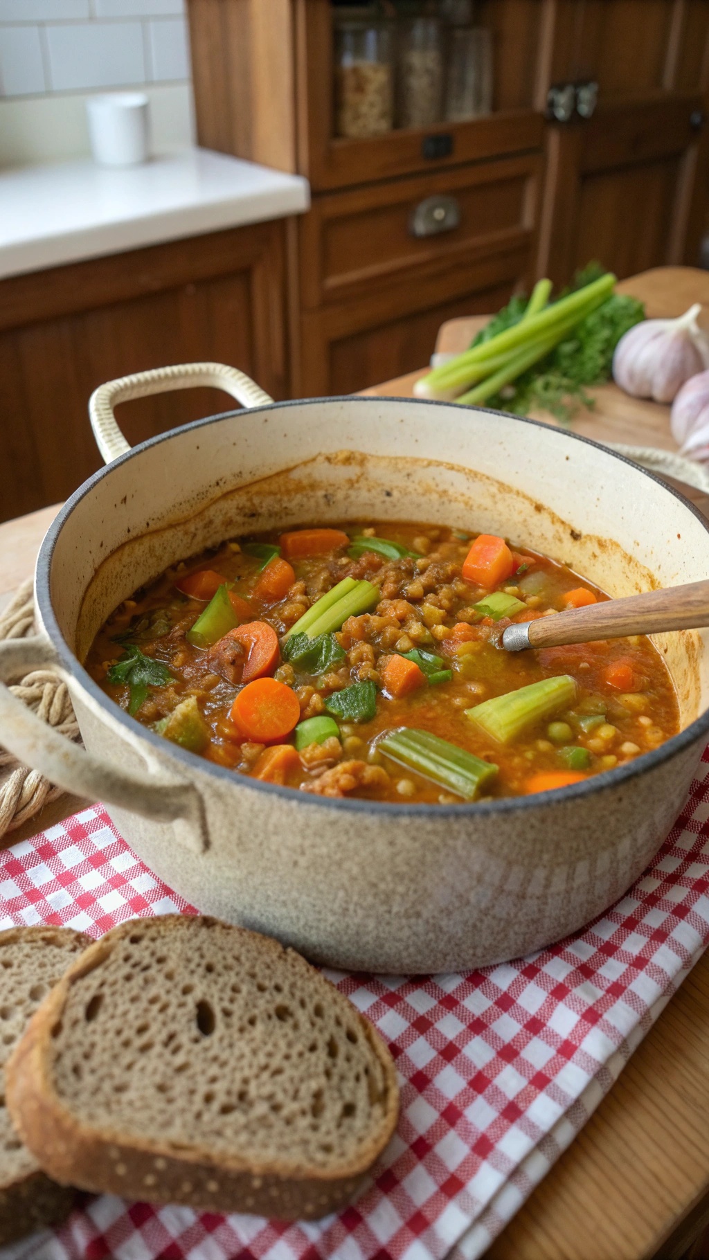A pot of hearty lentil and vegetable stew with slices of bread on a checkered cloth.