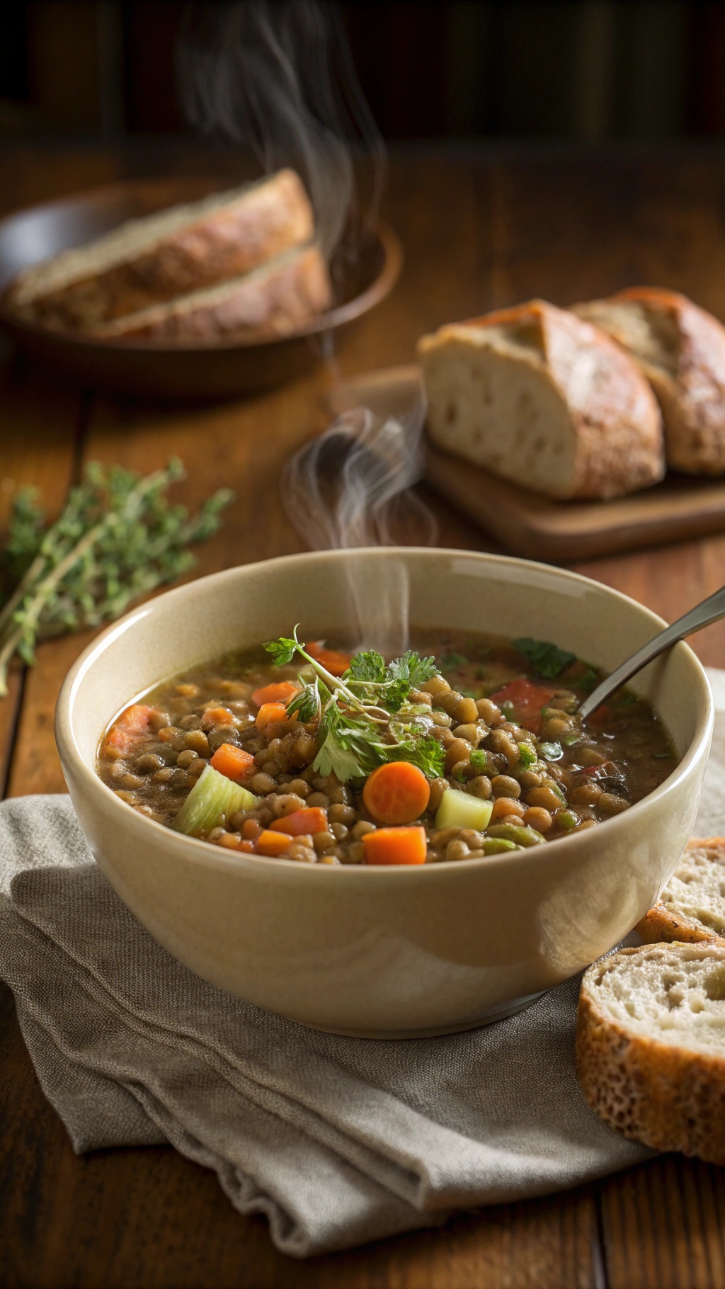 A warm bowl of hearty lentil soup with vegetables and a side of crusty bread.
