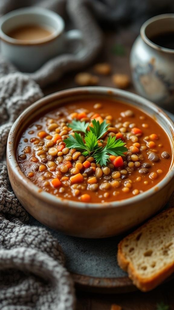 A bowl of hearty lentil soup garnished with parsley, with a slice of bread on the side.