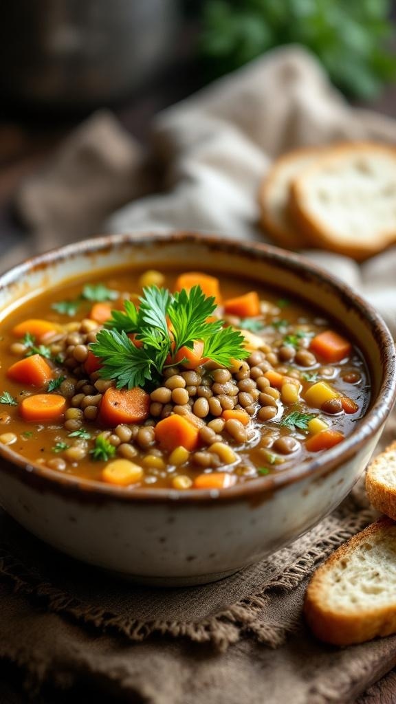 A bowl of hearty lentil soup with carrots and herbs, served with slices of bread.