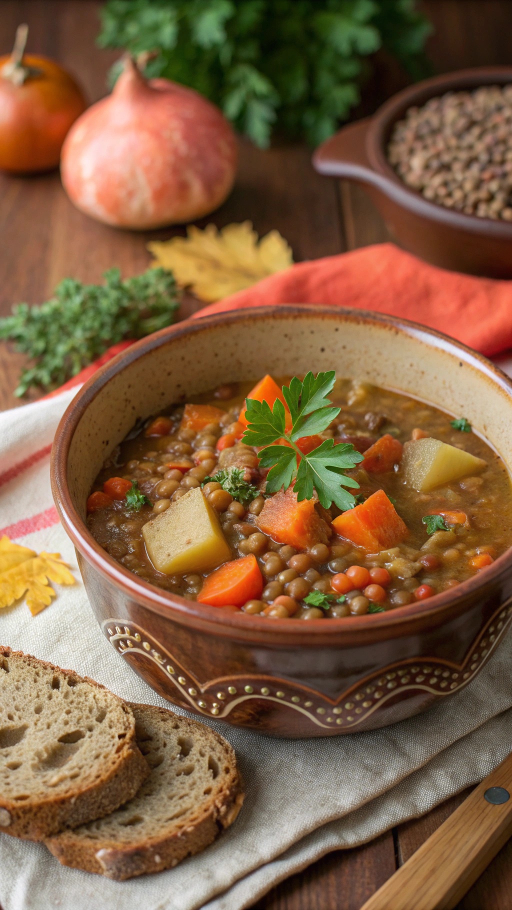 A bowl of hearty lentil stew with colorful vegetables, garnished with parsley, alongside slices of bread.