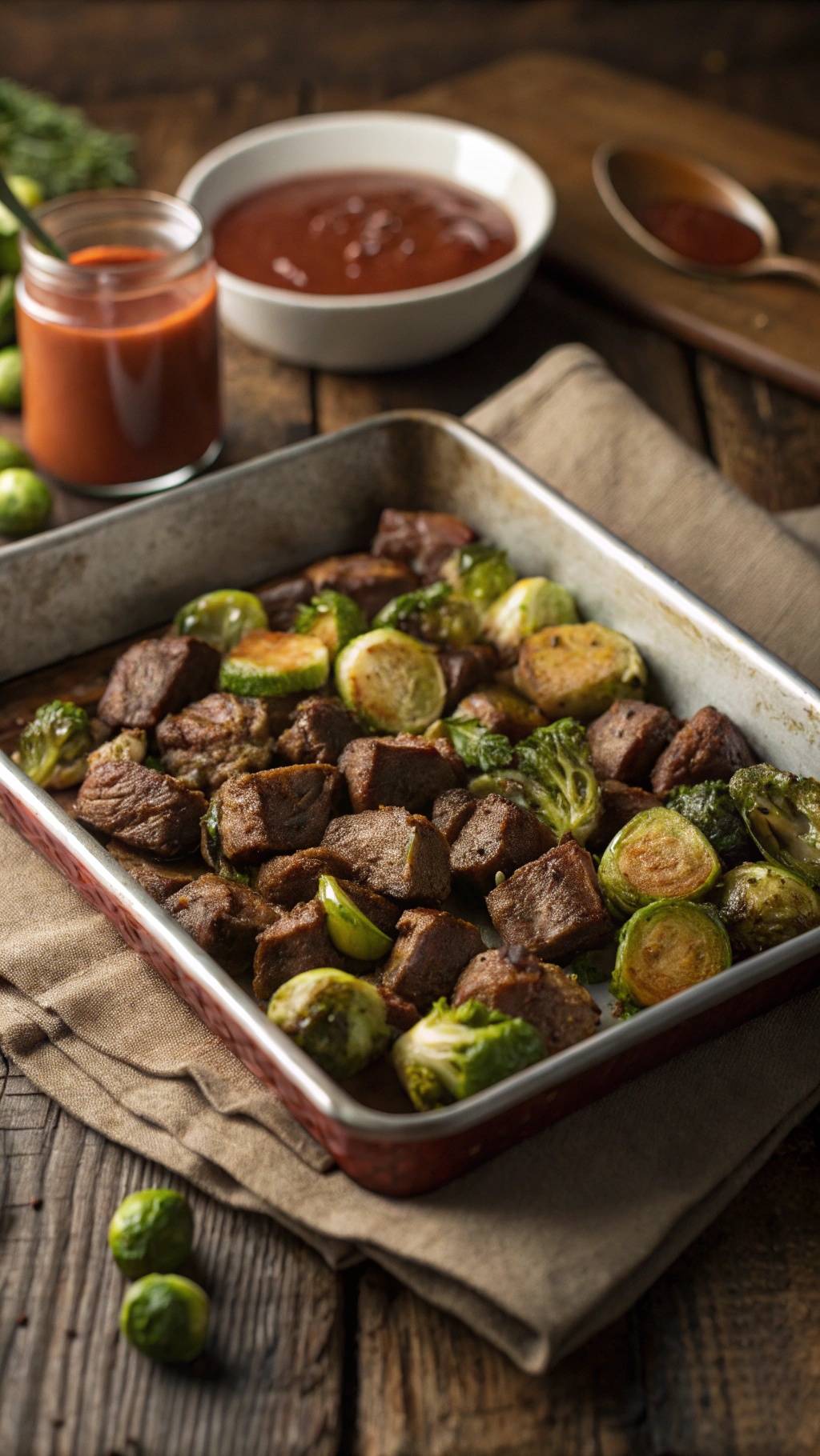 A hearty low carb beef and Brussels sprouts bake in a sheet pan, showcasing tender beef and vibrant Brussels sprouts.