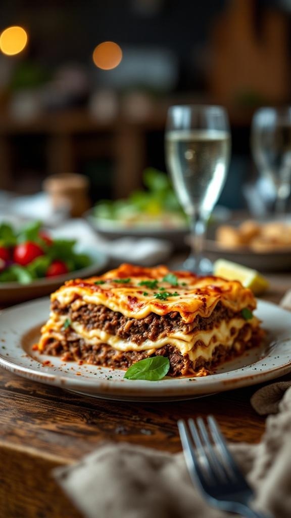 A delicious slice of hearty meat lasagna on a plate, surrounded by fresh salad and a glass of sparkling water.