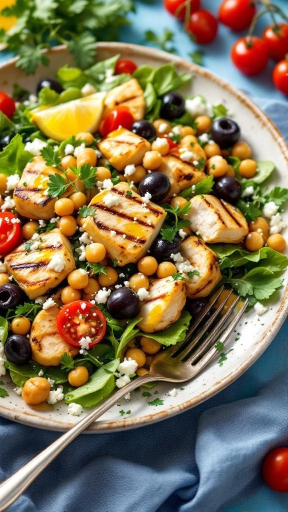 A colorful Mediterranean chicken salad with chickpeas, grilled chicken, cherry tomatoes, olives, and feta cheese on a plate.