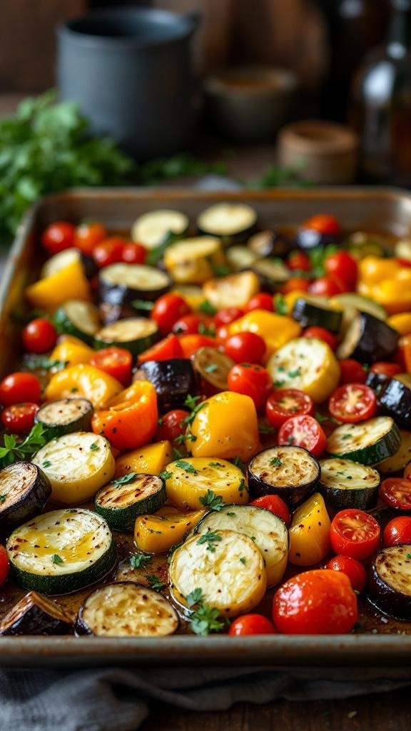 A colorful medley of roasted vegetables including zucchini, eggplant, bell peppers, and cherry tomatoes on a baking sheet.