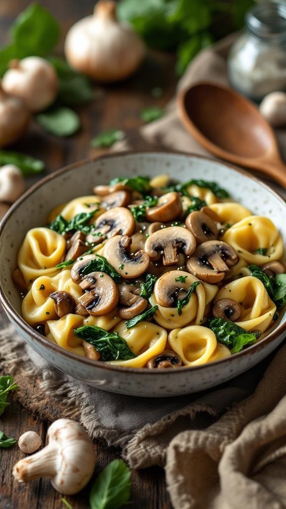 A bowl of hearty mushroom and spinach tortellini garnished with fresh greens.