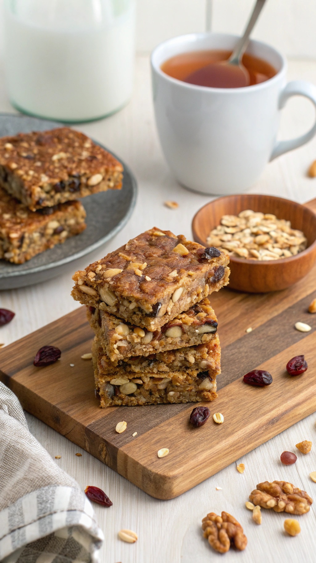 Hearty oatmeal energy bars stacked on a wooden board with a cup of tea and a bowl of oats.