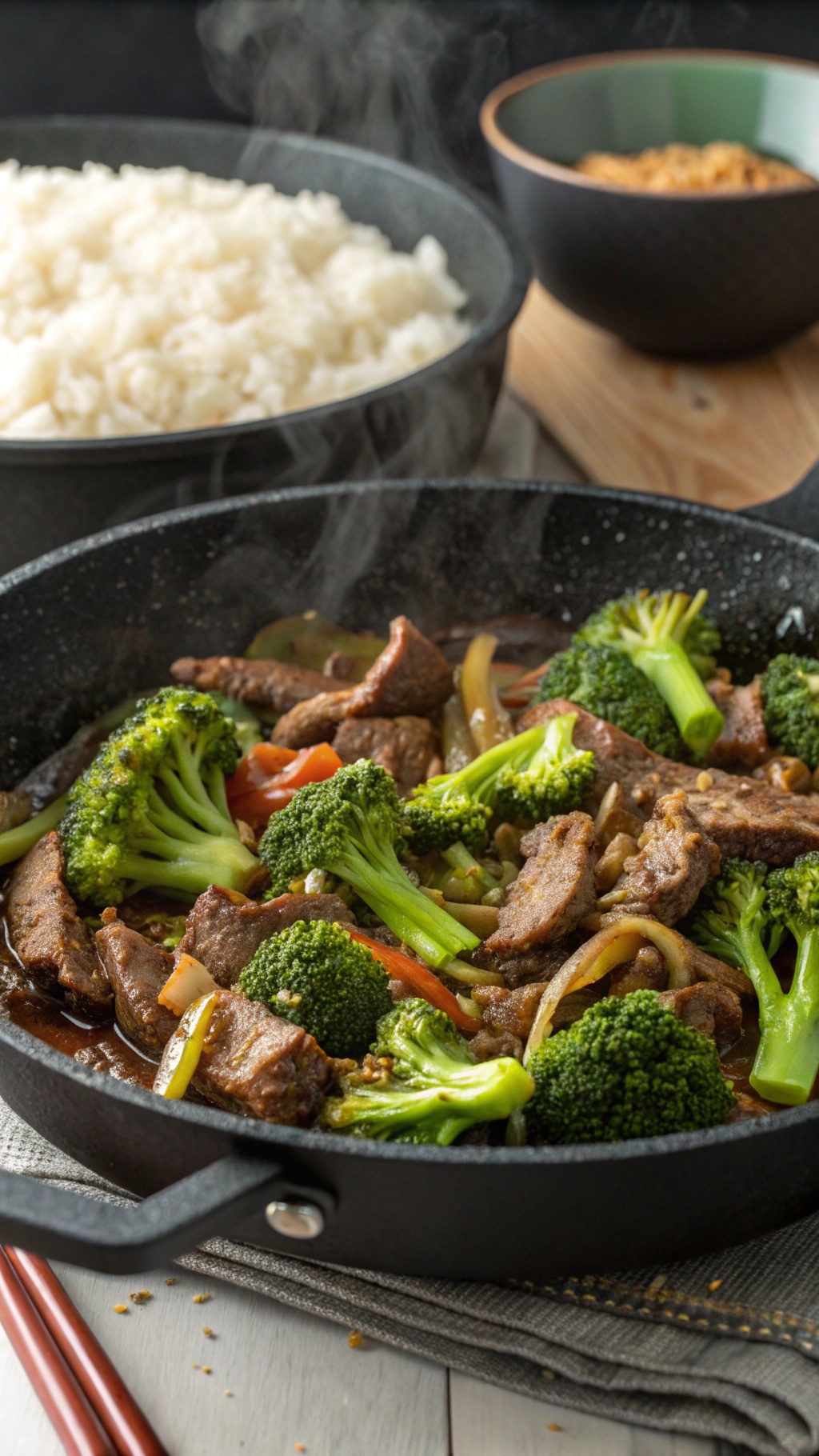 A delicious one-pan beef and broccoli stir-fry with rice, showcasing vibrant colors and steam.
