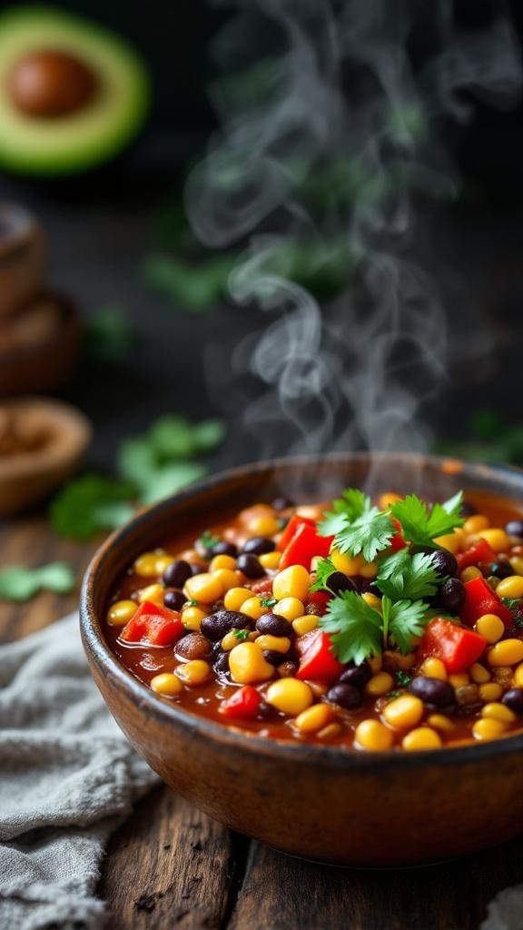 A bowl of steaming vegan chili with black beans, corn, and bell peppers, garnished with cilantro.