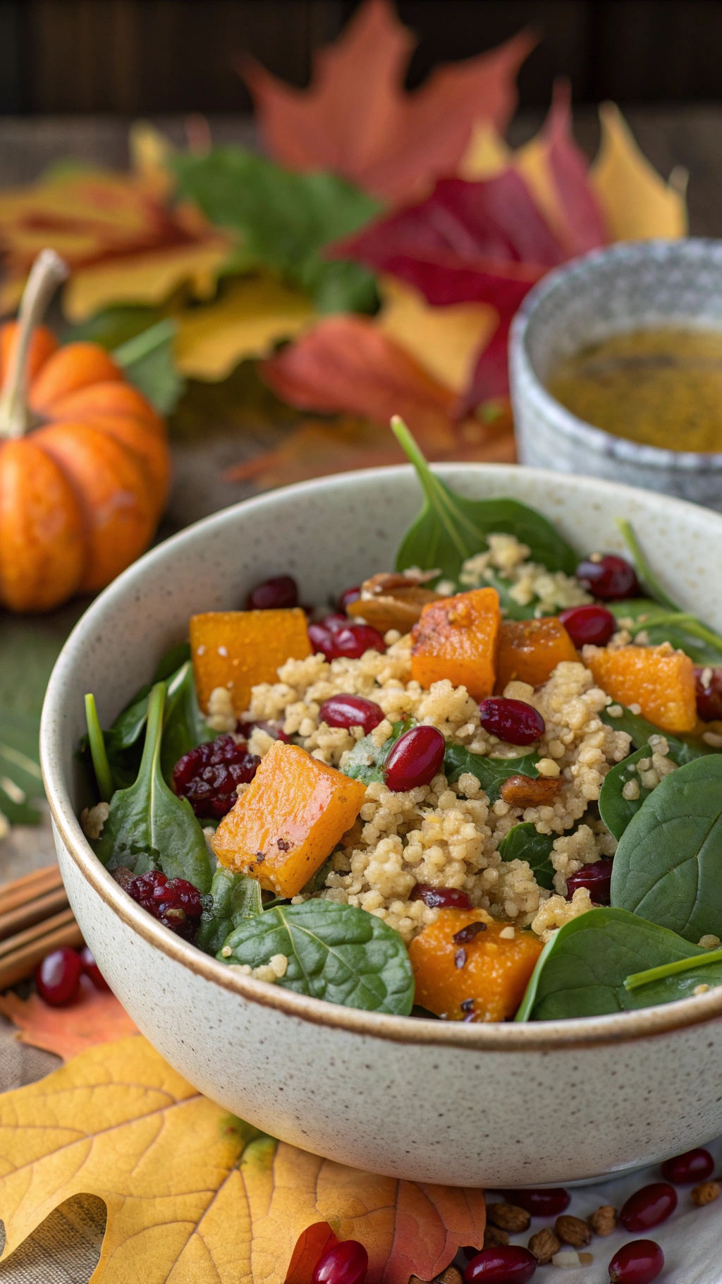 A bowl of hearty pumpkin and quinoa salad with spinach, pomegranate seeds, and roasted pumpkin, surrounded by autumn leaves and a small pumpkin.
