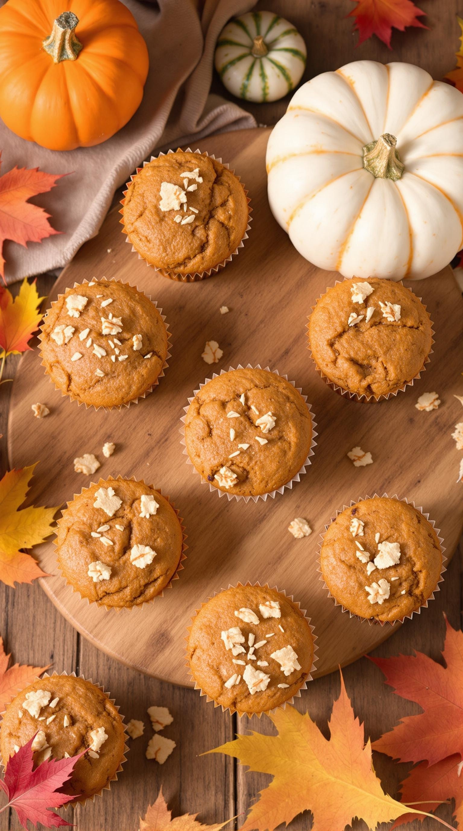 A cozy fall scene with pumpkins, leaves, and freshly baked pumpkin spice muffins.