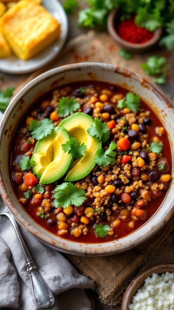 A bowl of hearty quinoa and black bean chili topped with avocado and cilantro, served with cornbread.