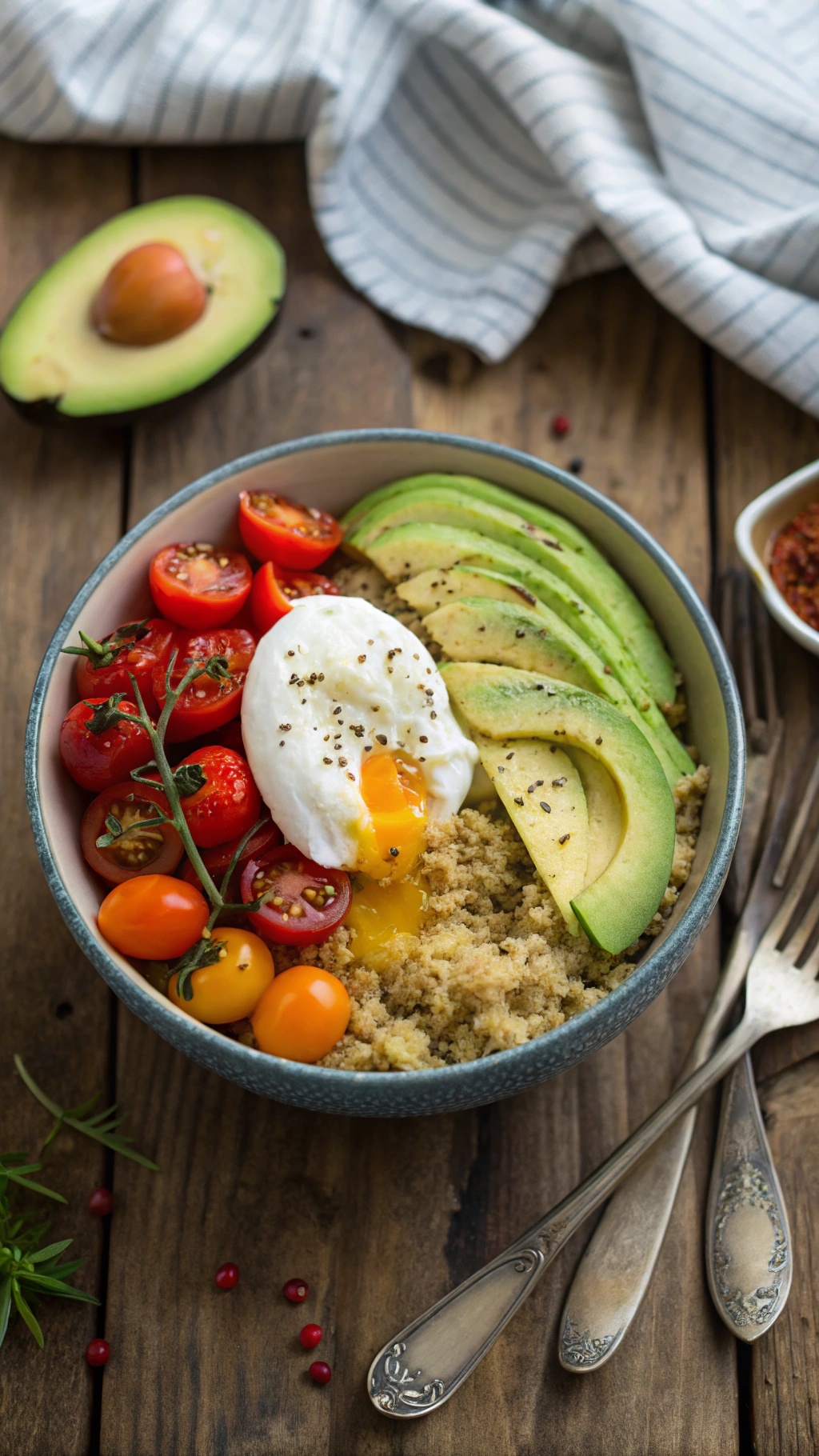 A quinoa breakfast bowl with avocado, cherry tomatoes, and a poached egg on a wooden table.