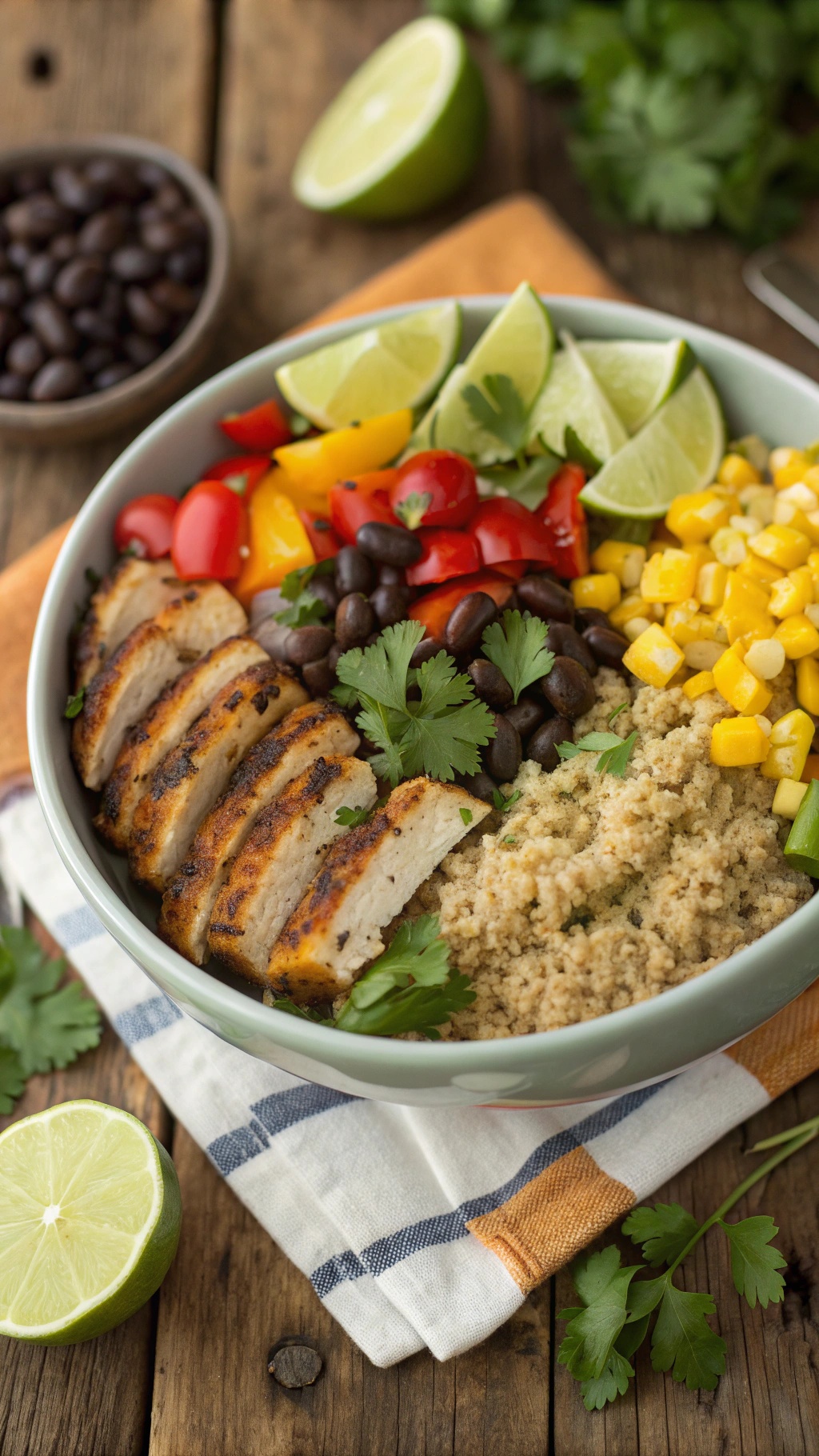A colorful salad bowl with grilled chicken, black beans, corn, cherry tomatoes, and bell peppers, garnished with lime and cilantro.