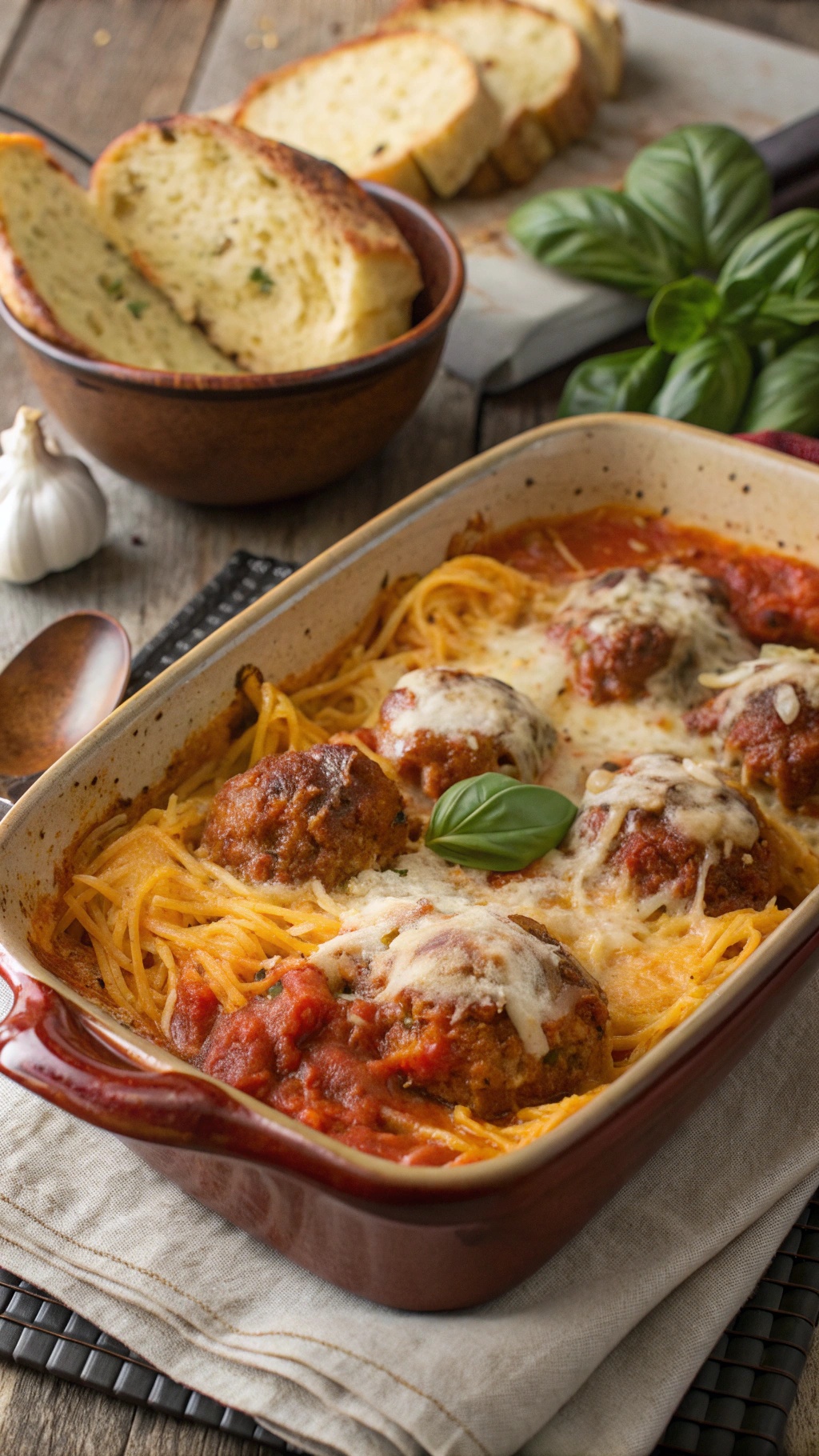 A hearty spaghetti squash and meatball bake topped with melted cheese and fresh basil.