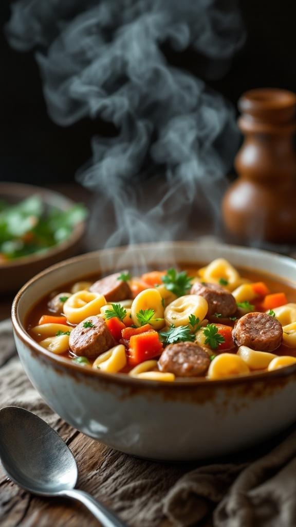A bowl of hearty tortellini and sausage soup with steam rising, garnished with parsley.