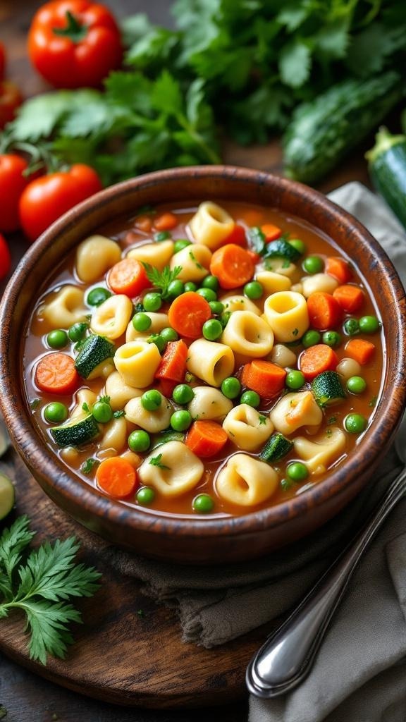 A bowl of hearty tortellini and vegetable soup with vibrant veggies and pasta.