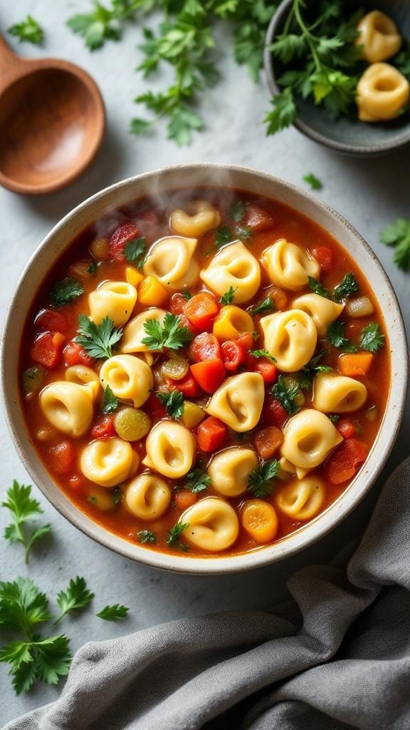 A bowl of hearty tortellini soup with colorful vegetables and fresh herbs.