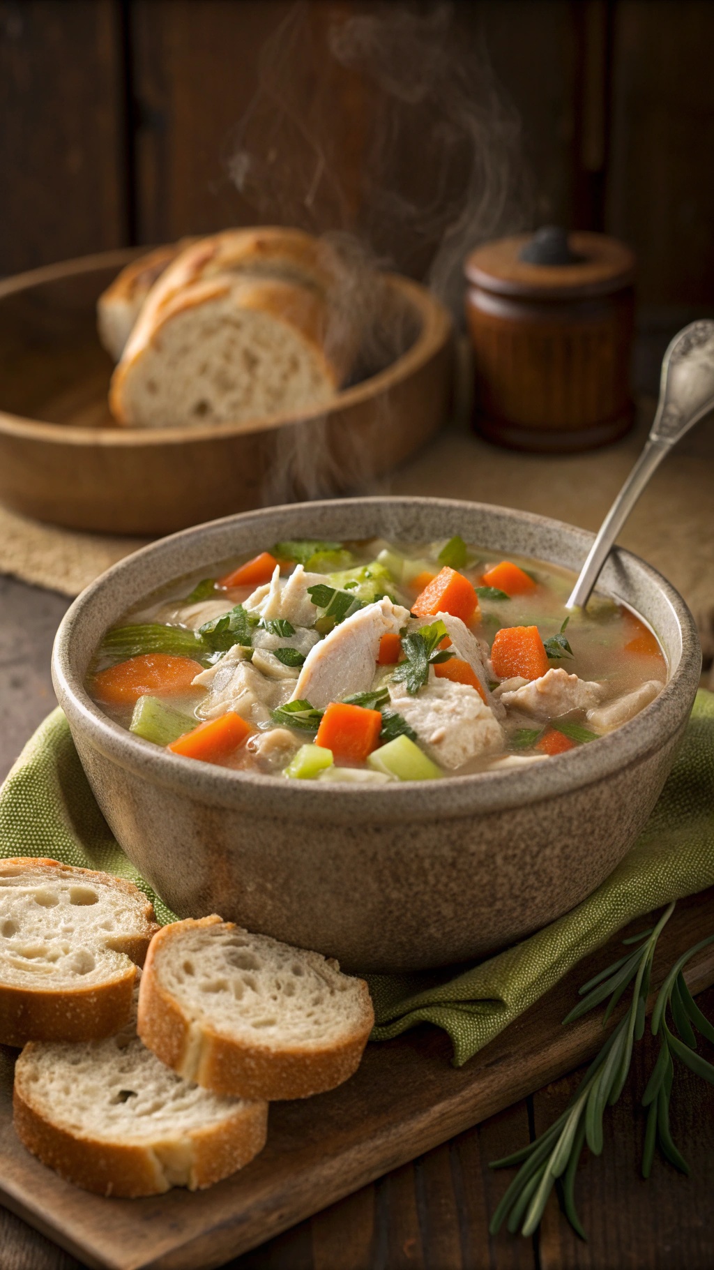 A bowl of hearty turkey and vegetable soup with slices of bread on the side.