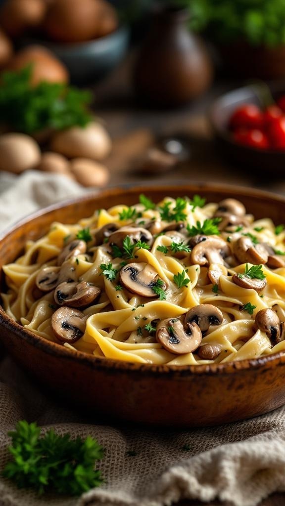 A bowl of vegan mushroom stroganoff with pasta, garnished with parsley.