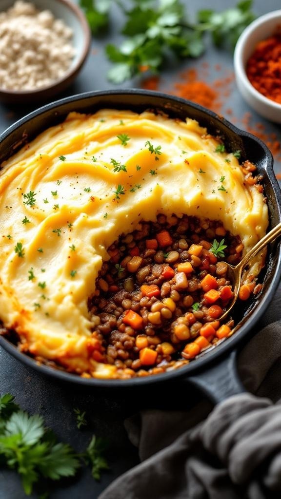 A hearty vegan shepherd's pie with a creamy mashed potato topping and a colorful lentil and vegetable filling.