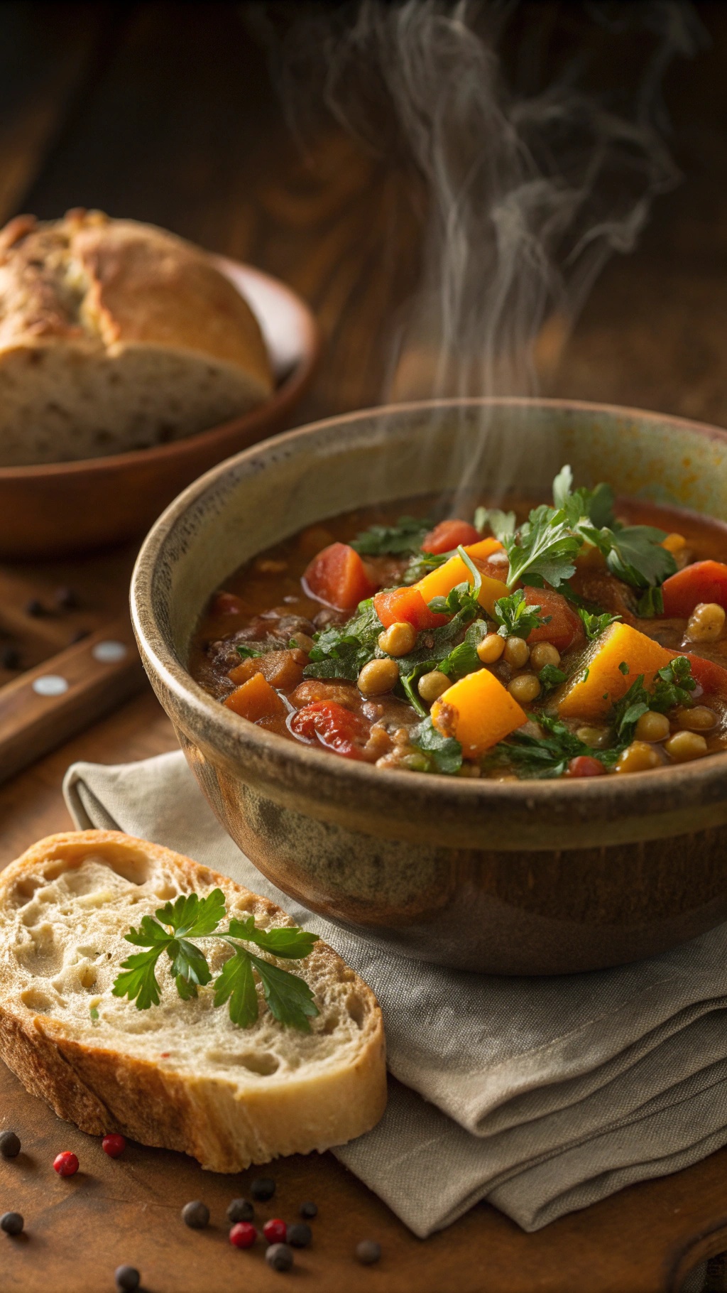 A warm bowl of hearty vegetable and lentil stew with fresh bread on the side.