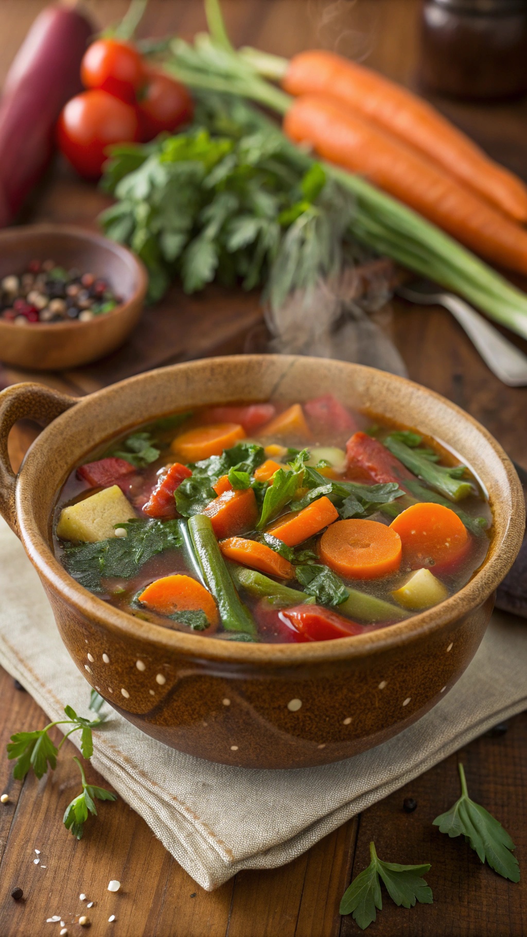A bowl of hearty vegetable medley soup with fresh vegetables in the background.