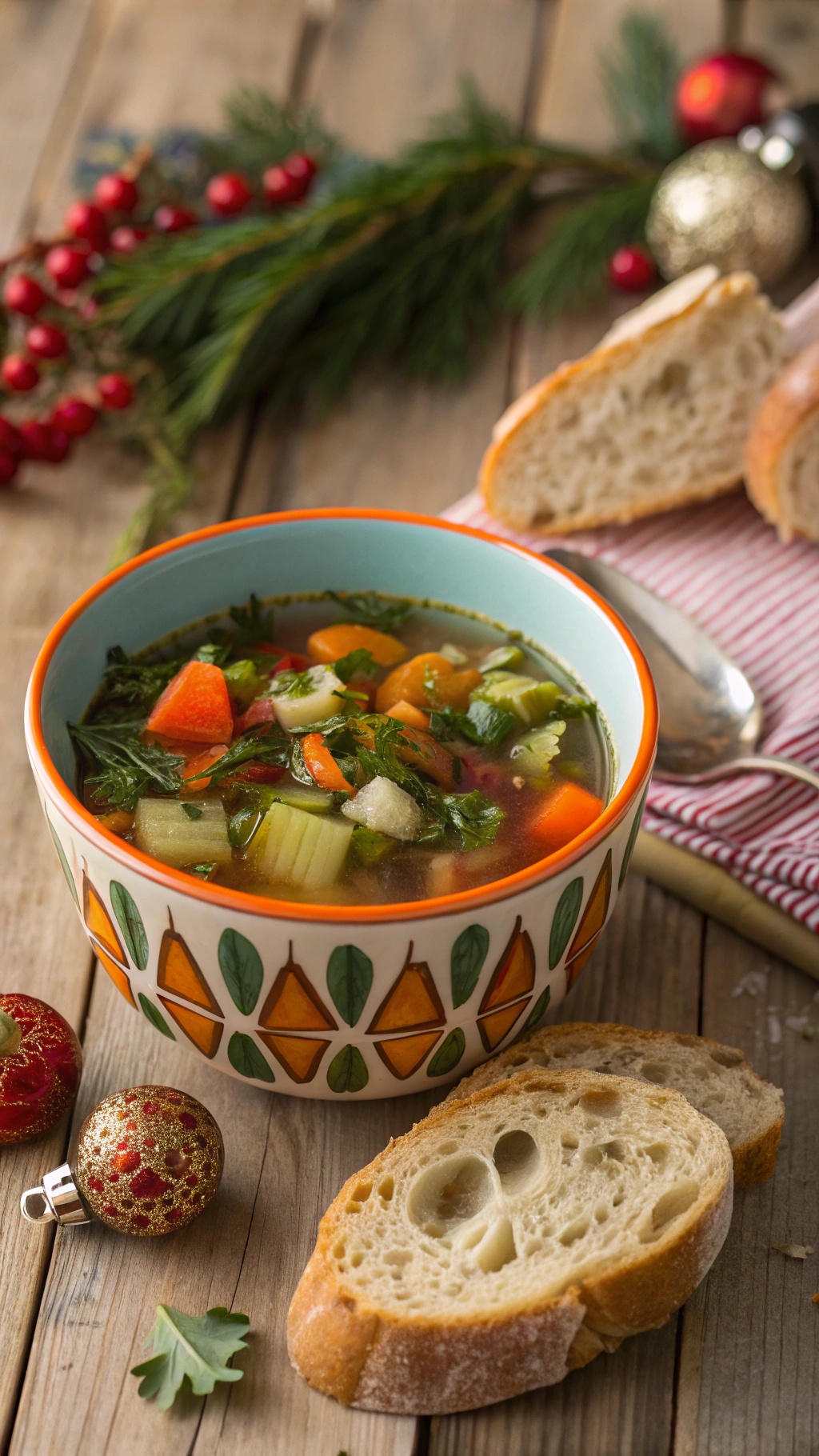 A bowl of hearty vegetable soup surrounded by festive decorations and slices of bread.