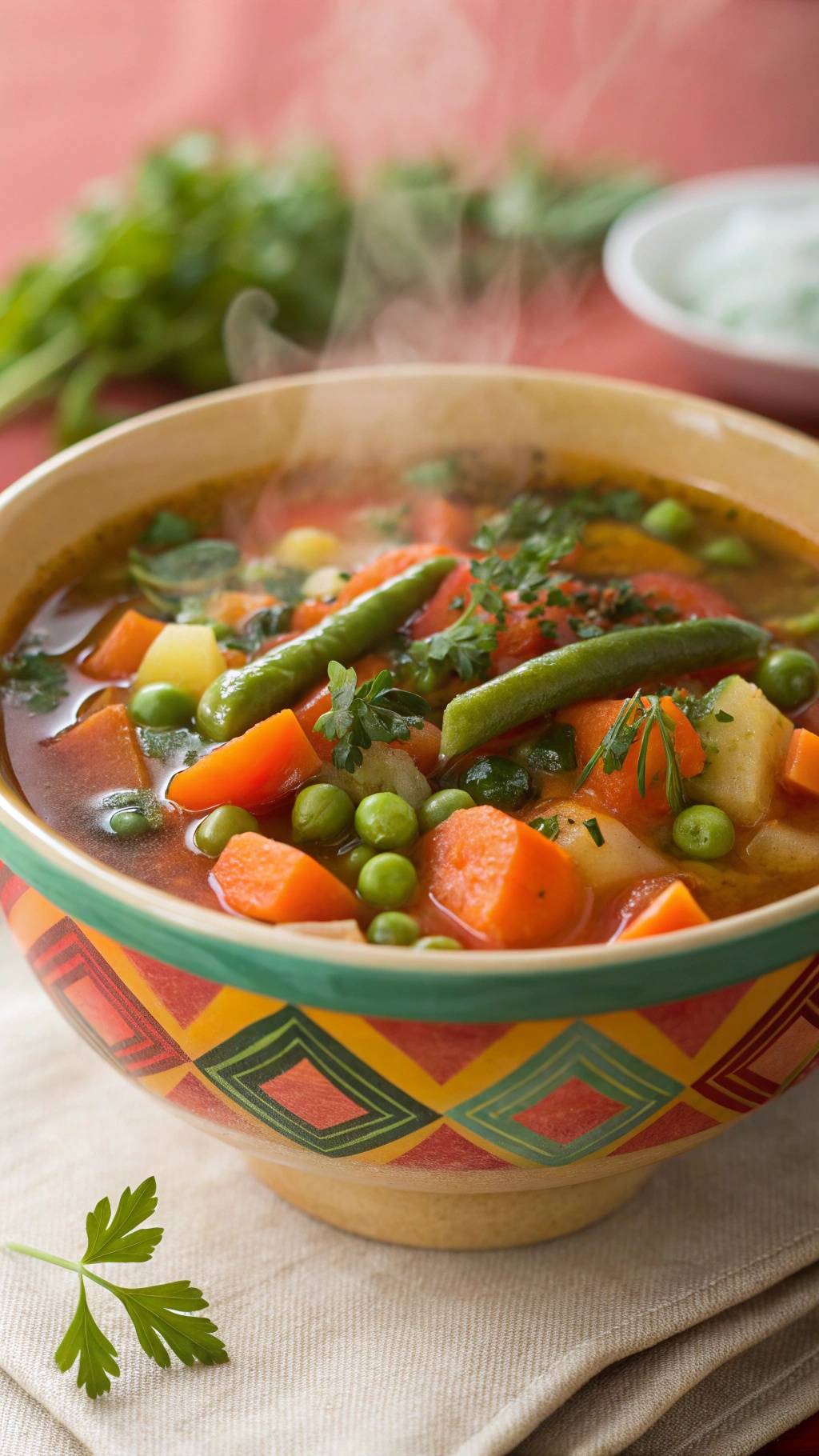 A bowl of hearty vegetable soup with colorful vegetables and steam rising, garnished with parsley.