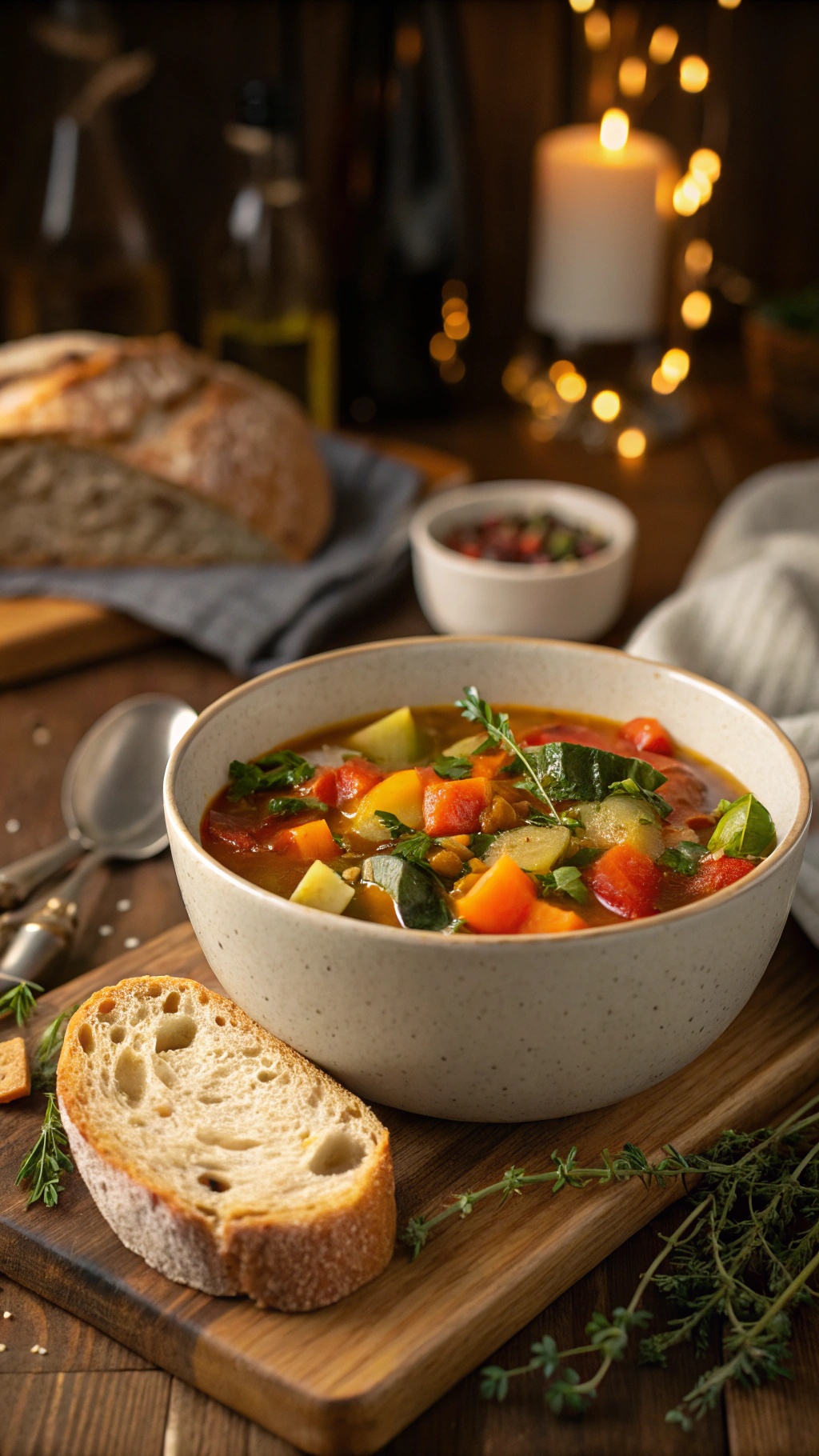 A warm bowl of hearty vegetable soup with a slice of bread on a wooden board.